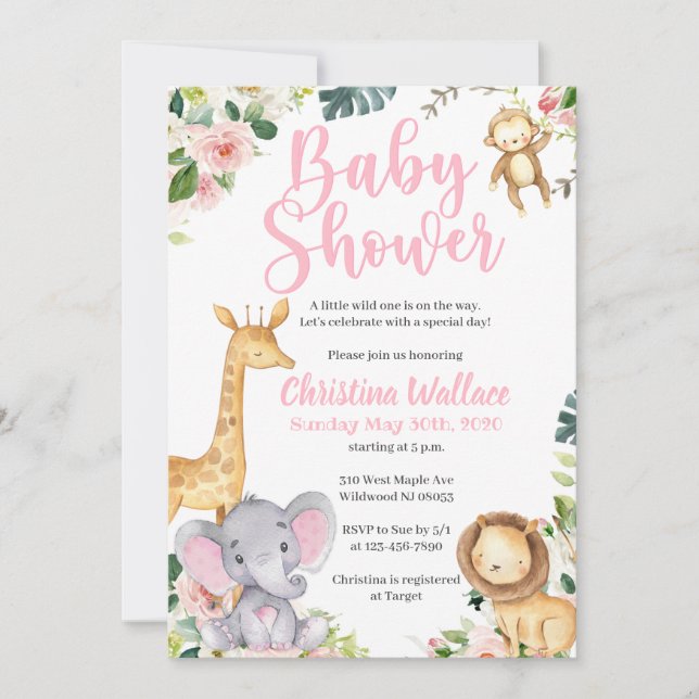 Convite Safari Jungle Baby Shower Invitations para Meninas (Frente)