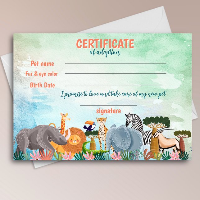 Convite Safari jungle birthday animal adoption certificate (Criador carregado)