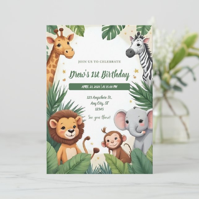 Convite Safari Jungle Birthday Invitation (Em pé/Frente)
