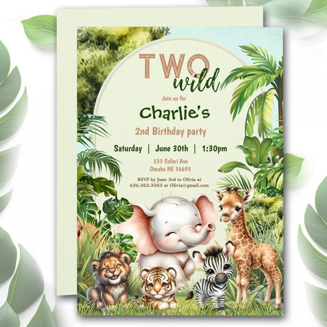 Convite Safari Jungle Cute Animal Dois segundos aniversári (Safari Jungle Cute Animals Two Wild 2nd Birthday Invitation)