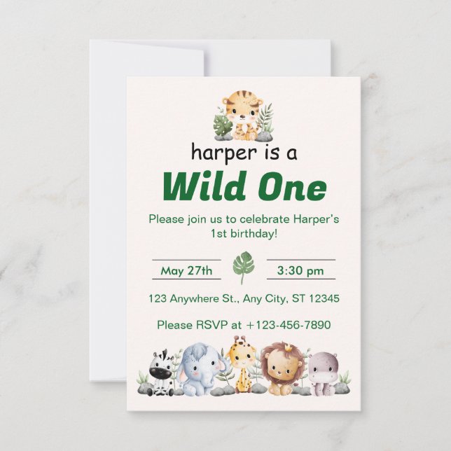 Convite Safari Jungle First Birthday (Frente)