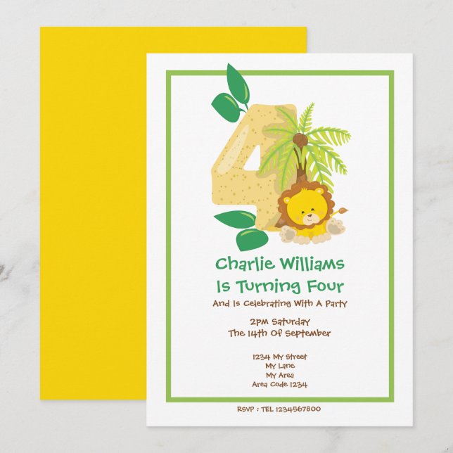 Convite Safari Lion Quarta Festa de aniversário (Frente/Verso)