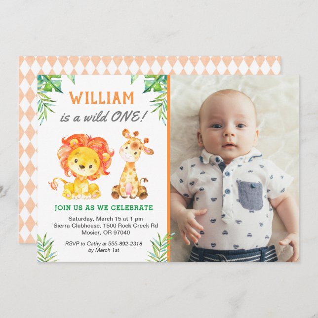 Convite Safari Primeiro Aniversário Um Festa Selvagem Selv (Frente/Verso)