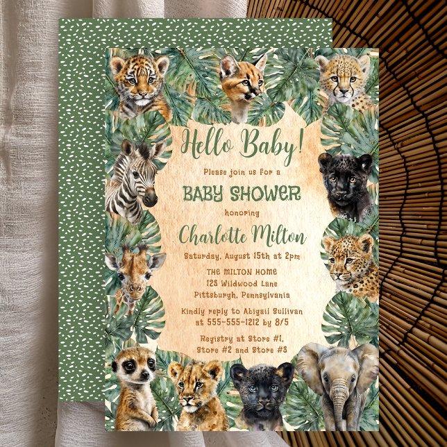 Convite Safari Selva Animais Selvagens Olá Chuveiro de Beb (Safari Jungle Wild Animals Hello Baby Shower Invitation -- Print | Digital Download)