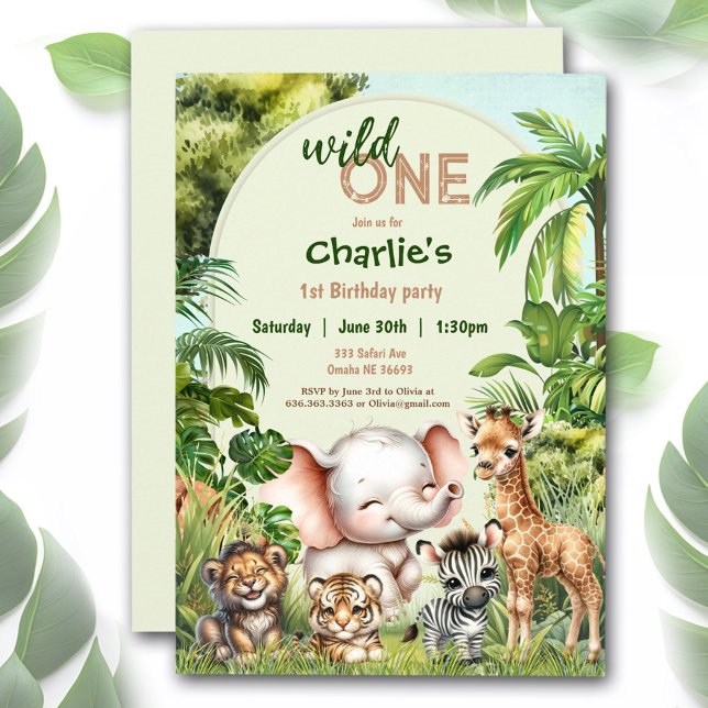 Convite Safari Selva Animais Selvagens Selvagens Um primei (Safari Jungle Cute Animals Wild One 1st Birthday Invitation)