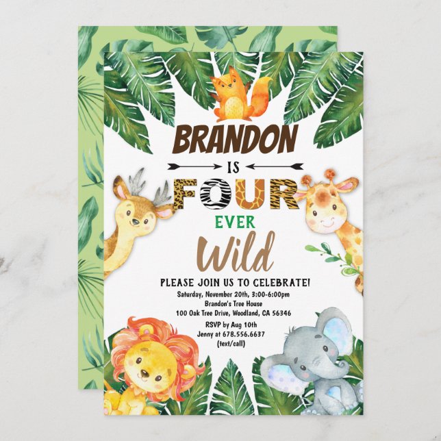 Convite Safari Selva Quatro Animais Selvagens Selvagens (Frente/Verso)