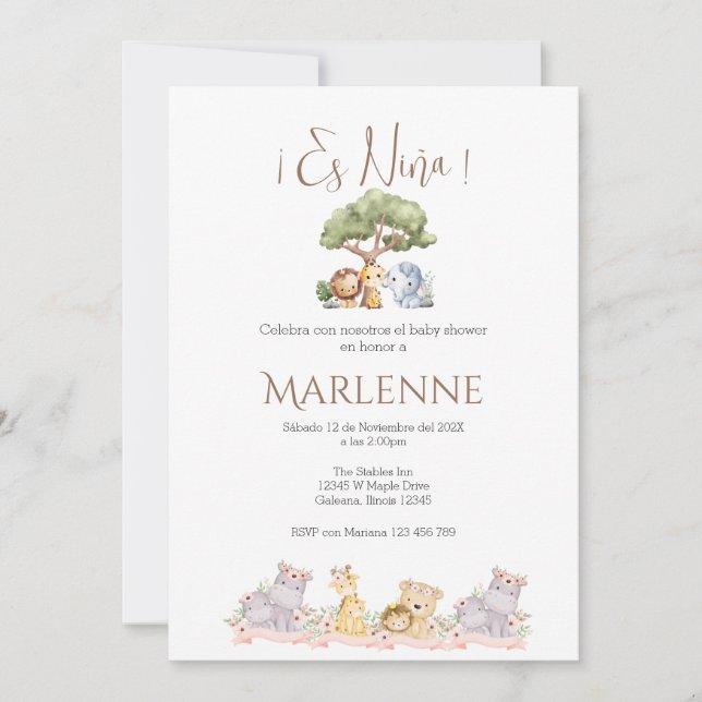 Convite Safari Spanish Baby Shower Girl invitation (Frente)