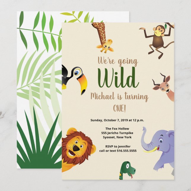 Convite Safari Wild Animal Greenery primeiro aniversario (Frente/Verso)