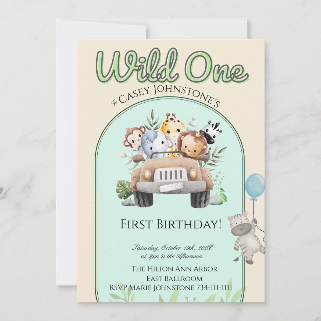 Convite Safari Wild One 1 Photo Watercolor 1st Birthday  (Frente)