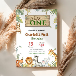 Convite Safari Wild One   Bebês de Animais da Selva 1º Ani