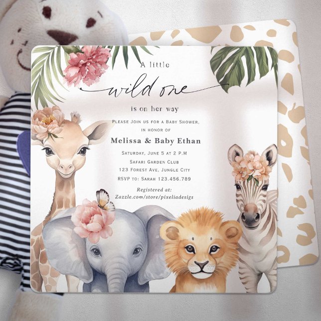Convite Safari Wild One está a caminho Chá (Wild One Safari Baby Animals, Baby Girl Shower. A wild One is on Her way, A Cute Baby Shower invite.)