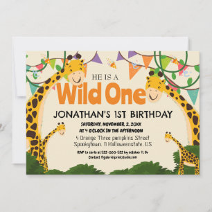 Convite Safari Wild one Giraffe Simples Primeiro Aniversár