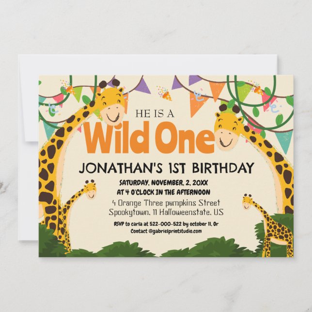 Convite Safari Wild one Giraffe Simples Primeiro Aniversár (Frente)
