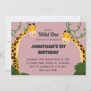 Convite Safari Wild one Giraffe Simples Primeiro Aniversár
