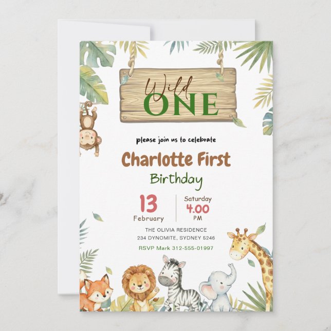 Convite Safari Wild One | Jungle Animal Babys 1st Birthday (Frente)