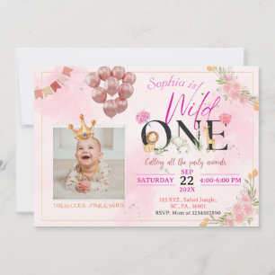 Convite Safari Wild ONE Pink Floral Para Rapariga Aniversá