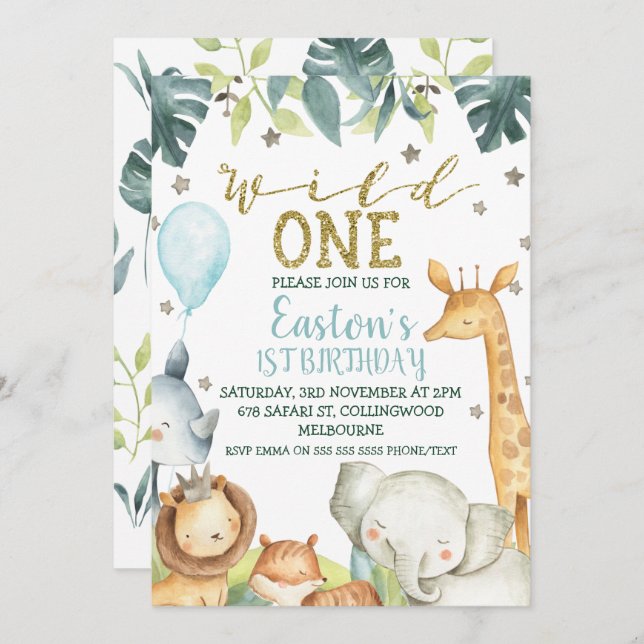 Convite Safari Wild One, um dos primeiros aniversários (Frente/Verso)