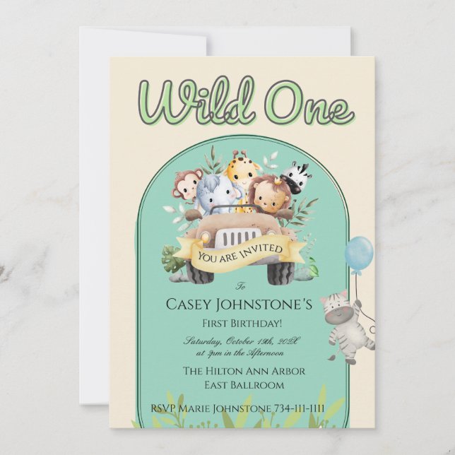 Convite Safari Wild One Watercolor 1st Birthday (Frente)