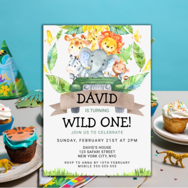 Convite Safari Wild Um Partido primeiro aniversario (Wild One Birthday Party 1st Birthday Safari Animals Jungle themed party for boys template cute)