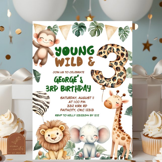 Convite Safari Young wild and three birthday (Criador carregado)