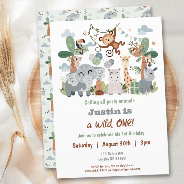Convite Safari ZOO Boho Animais Selvagens Um primeiro aniv (Safari ZOO Boho Animals Wild One 1st Birthday Invitation)