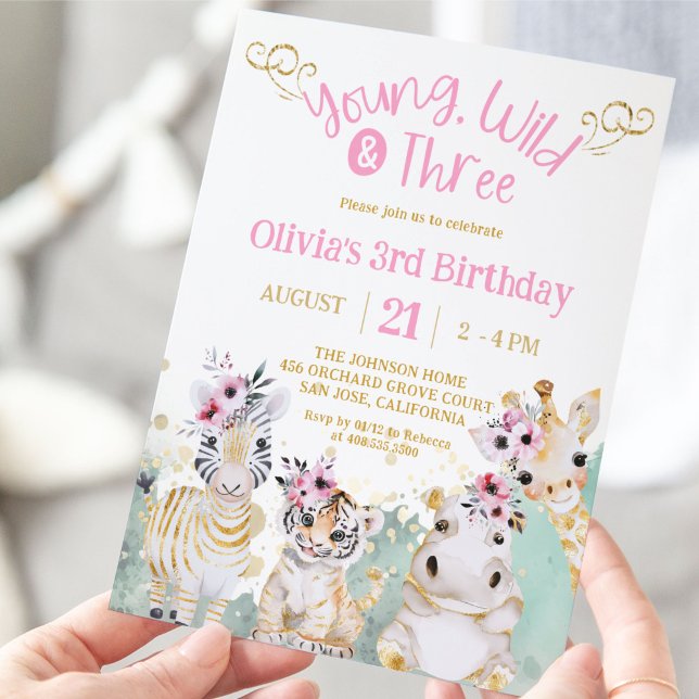 Convite Safari Zoo Dourado Rosa aniversário de 3 anos (young wild and three birthday invitation)