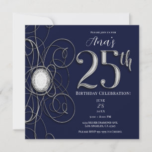 Convite Safira Azul & Diamante Prata 25 Aniversário de 25
