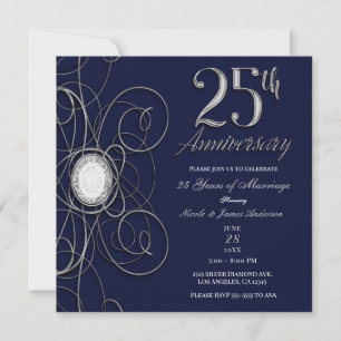Convite Safira Azul e Diamante Prata 25 25º Aniversário