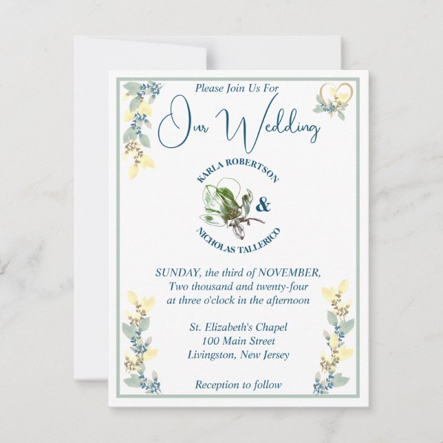 Convite Sage, Amarelo e Casamento Floral Branco (Frente)