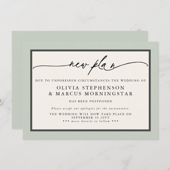 Convite Sage and Ivory - Novo Plano Moderno Evento Adiado (Frente/Verso)