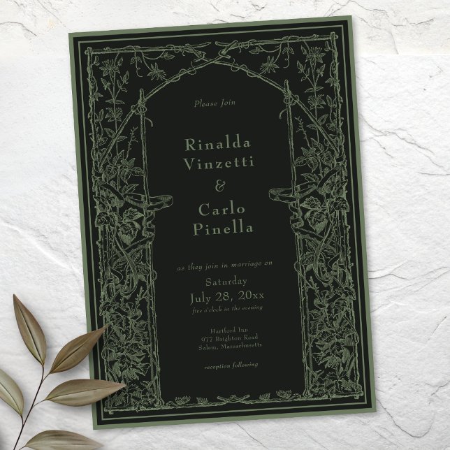 Convite Sage Black Vintage Botanical Trellis Arch Wedding (Sage Black Vintage Botanical Trellis Arch Wedding Invitation)