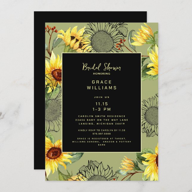 Convite Sage & Black Watercolor Chá de panela (Frente/Verso)