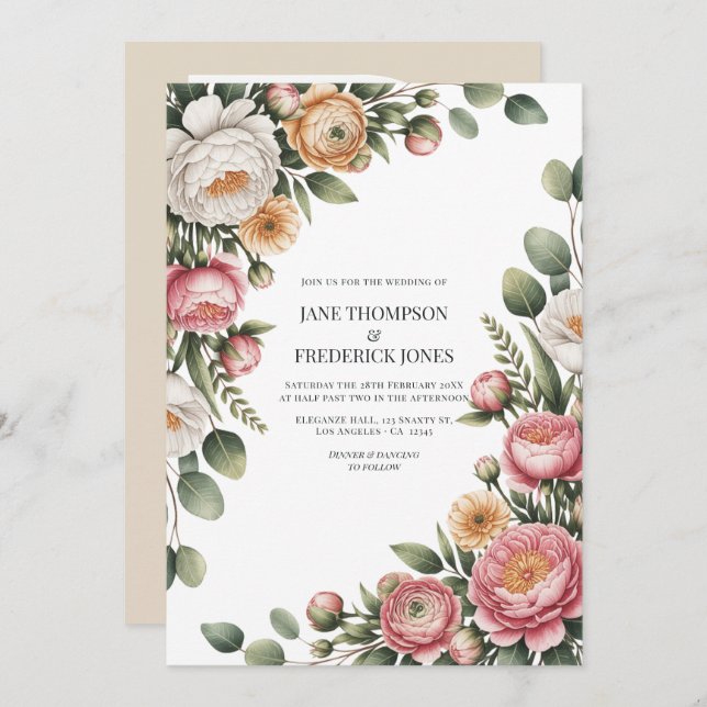 Convite Sage, Blush and Light Tan Floral Wedding QR Code (Frente/Verso)