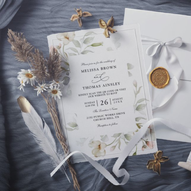 Convite Sage Blush Elegant Floral Budget QR Code Wedding (Criador carregado)