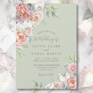 Convite Sage Blush Floral, Rosa, Convocação para Casamento