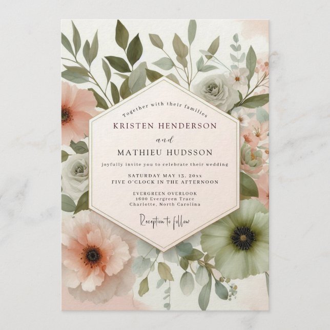 Convite Sage Blush Watercolor Flora Wedding (Frente)