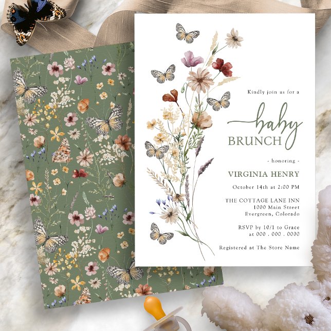 Convite Sage Boho Baby Brunch de Flores Silvestres (Sage Green Boho Wildflower Baby Brunch Invitation with Butterflies by Painted Paperie
)