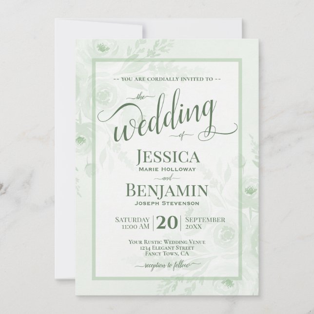 Convite Sage Boho Floral Aquarela Estilo Script Casamento (Frente)