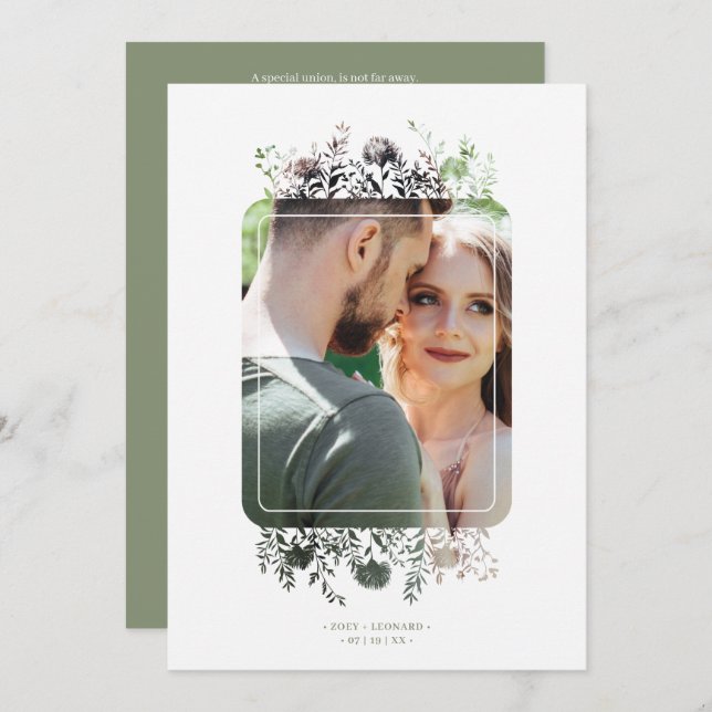 Convite Sage Botanical Elegant Wildflowers Photo Wedding (Frente/Verso)