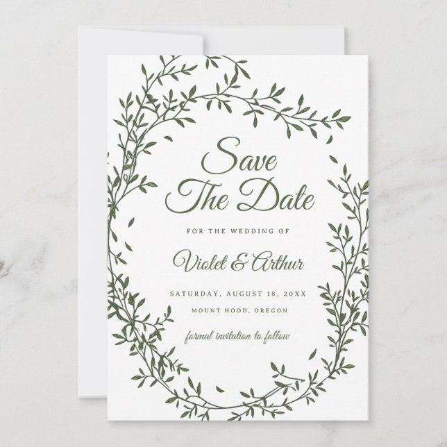 Convite Sage Botanical Wreath Weding The Date (Frente)