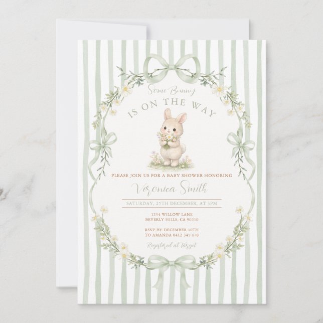 Convite Sage Bow Stripe Green Bunny Baby Shower Invitation (Frente)