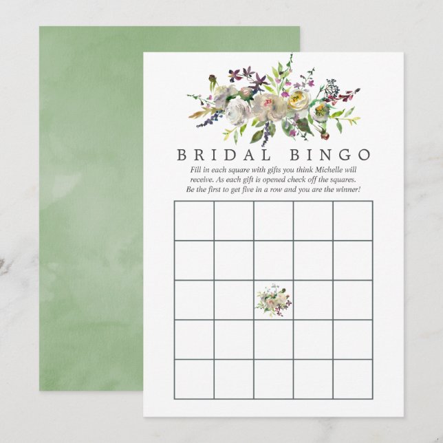 Convite Sage & Branco Bingo de Chá de Noiva com Flores em  (Frente/Verso)