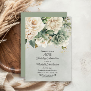 Convite Sage Branco Floral Dourado Aniversário de 50 anos