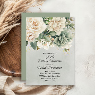 Convite Sage Branco Floral Dourado Aniversário de 60 anos