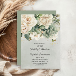 Convite Sage Branco Floral Dourado Aniversário de 70 anos