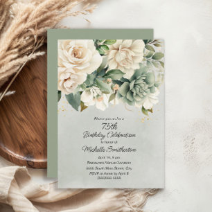 Convite Sage Branco Floral Dourado Aniversário de 75 anos