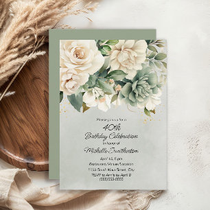 Convite Sage Branco Verde Floral Dourado Aniversário de 40