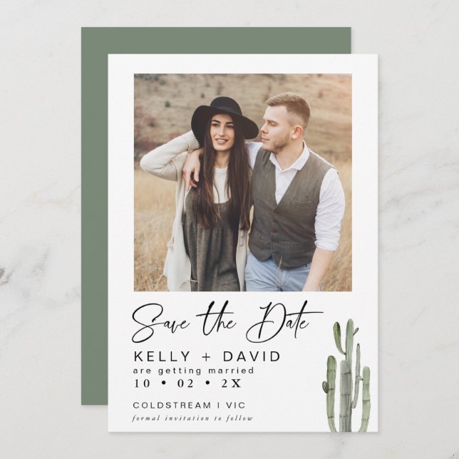 Convite Sage Cactus Succulent Photo Save The Date Card (Fo (Frente/Verso)