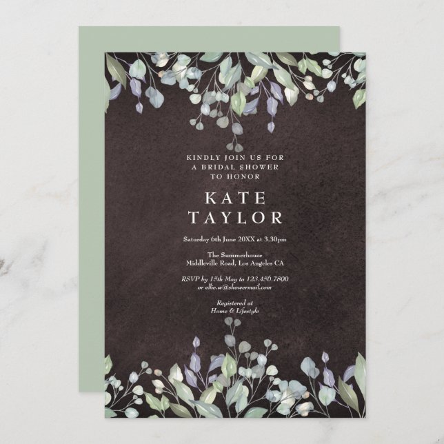 Convite Sage Chalkboard e Chá de panela Floral Lilac (Frente/Verso)