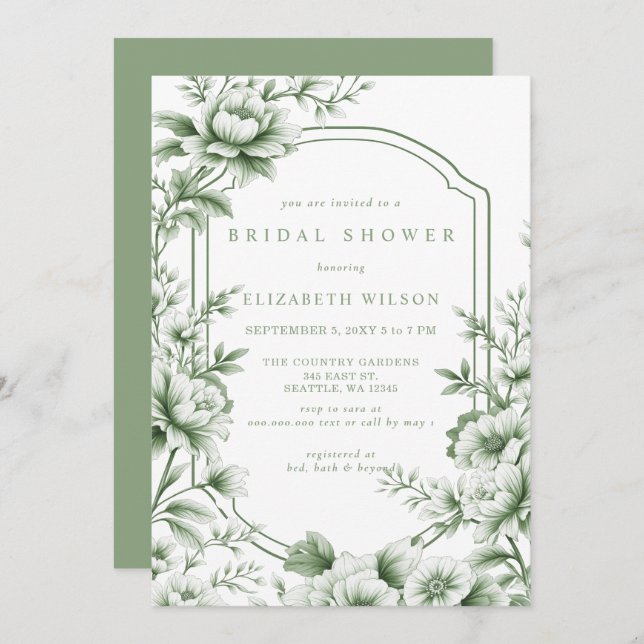 Convite Sage Chinoiserie Toile Floral Bridal Shower (Frente/Verso)